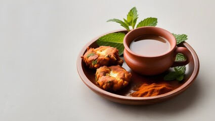 A clay cup of chai with crispy pakoras on a wooden tray, styled with mint and spices. Clean design and blank space for branding, ideal for promoting cozy, traditional Indian experiences.