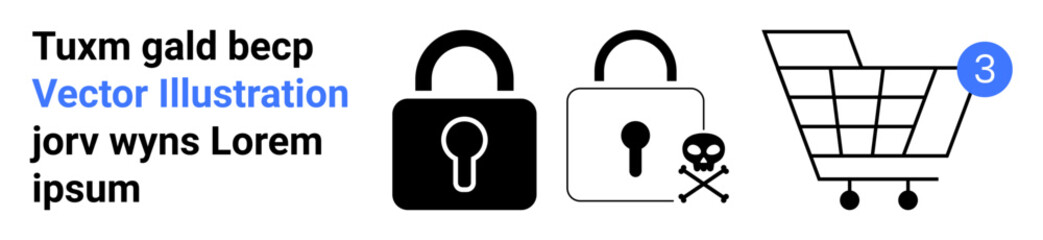 Lock, padlock, and shopping cart with notification. Ideal for cybersecurity, online shopping, digital encryption, e-commerce, security alerts, data protection, secure transactions. Landing page