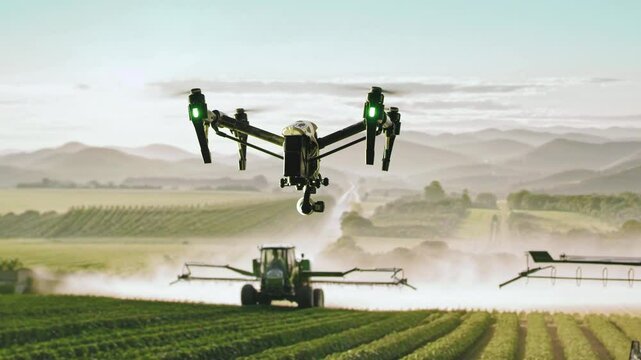 Aerial Drone Capturing Modern Agricultural Spraying System On Farm Fields Technology