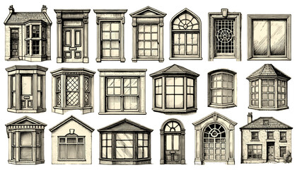Vintage window and door set illustration, vintage architecture engraving with detailed sketch, isolated on transparent background. Black and white PNG