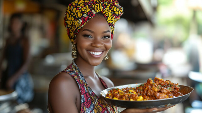 Portrait of a beautiful and smiling Cameroonian woman showing a typical Cameroonian dish to the camera while in Yaounde the capital of Cameroon