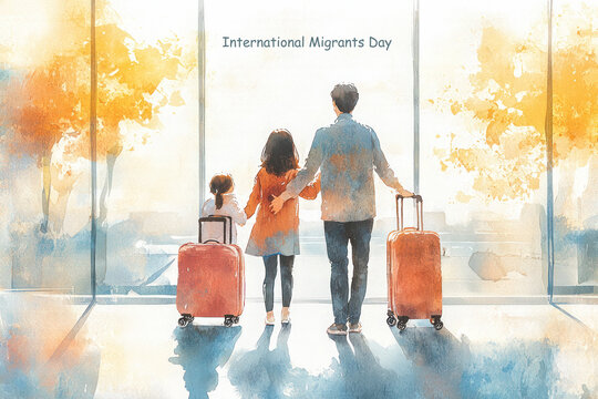 International Migrants Day watercolor illustration of a family with suitcases standing at a bright airport window, ready to travel.