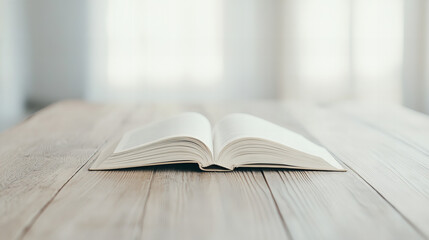 Open book resting on a wooden table in a softly lit room, inviting exploration and reflection on its blank pages