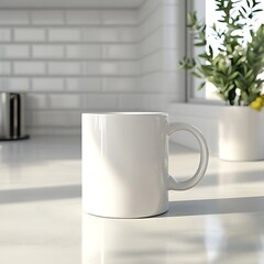 Obraz premium White Coffee Mug On Kitchen Countertop In Sunlight