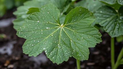 A vivid green leaf, adorned with glistening droplets, showcases nature's freshness and simplicity amidst a dark soil backdrop.