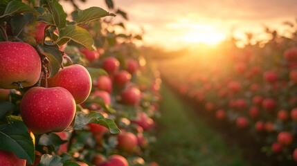 Fototapeta premium Red Apples Hanging on Tree Branches in an Orchard at Sunset