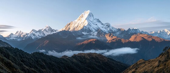 Majestic snow-capped mountain range with warm sunlight casting dramatic shadows, creating a harmonious blend of nature's power and beauty.