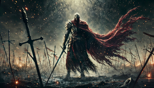 A skeletal warrior in medieval armor standing in a desolate battlefield with a flowing red cape.

