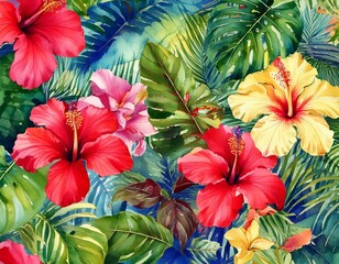 Seamless watercolor pattern of tropical leaves and hibiscus flowers
