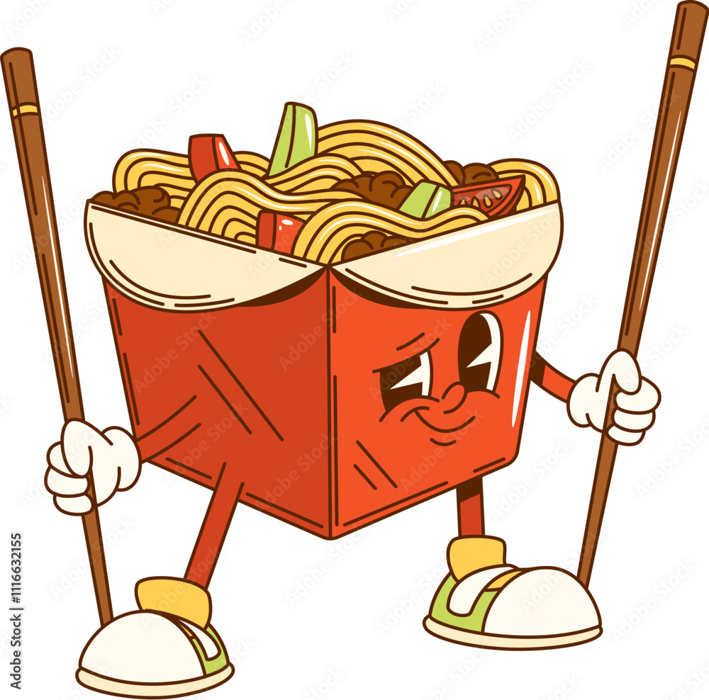 Poster cartoon groovy noodles box fast food character holding chopsticks. isolated vector takeout wok packa