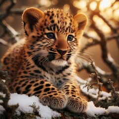 Obraz premium Snowy Fun: Leopard Cub Joyful Play in the African Wilderness