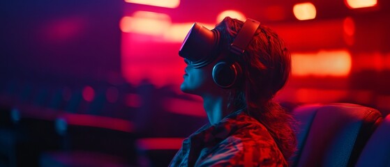 Naklejka premium A person enjoys a virtual reality experience, immersed in a neon-lit environment, capturing the futuristic allure of digital exploration.