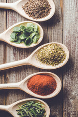 Aromatic herbs and spices on wooden spoons.