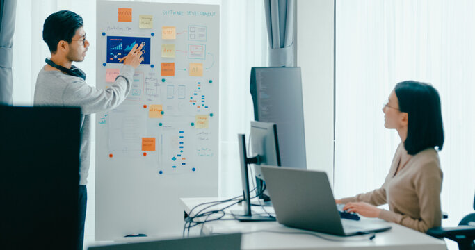 Group adult Asia male female software developers mentor leader manager talk strategy plan to executive write prompt AI bot IT app program nomad, video game, data center. Whiteboard slideshow code.