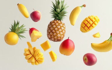 Flying fruits like mangoes, pineapples, and bananas, tropical and vibrant, isolated on white background