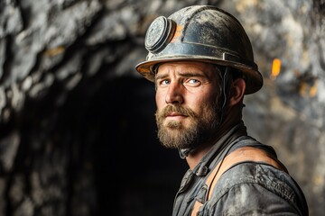 Obraz premium Rugged miner with helmet in dark tunnel, intense gaze
