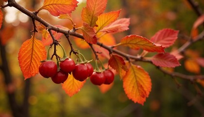Fototapeta premium Red berries hanging from branches with vibrant autumn leaves in a blurred forest backdrop