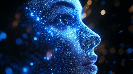 Digital face constructed with dynamic glowing technology particles image