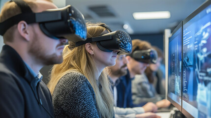 Exploring the Metaverse: A team of focused professionals immerses themselves in a virtual reality experience, their expressions hinting at both intrigue and concentration.