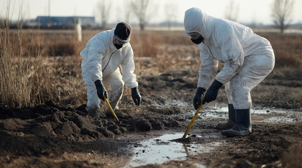 Environmental Investigation: Two scientists in protective suits meticulously collect soil samples from a contaminated site.