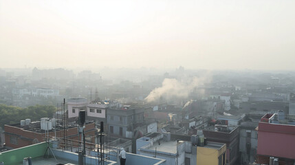 Obraz premium Smog-Shrouded Cityscape: A hazy sunrise casts a veil over a sprawling cityscape, with smoke rising from unseen sources, creating a poignant image of urban density and atmospheric pollution.