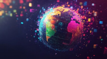 Obraz premium A Digital Representation of Earth with a Grid-like Pattern and Colorful Pixels