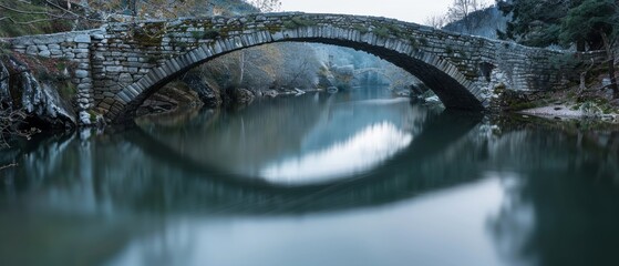 Naklejka premium A serene stone bridge arches elegantly over a calm river, reflecting its perfect silhouette in the tranquil water, framed by lush, softly lit greenery.