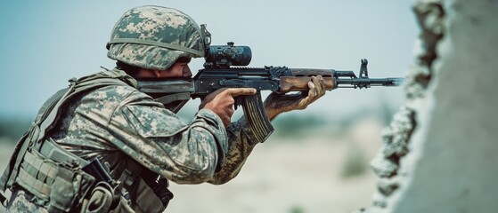 Fototapeta premium A soldier in camouflage aims a rifle intently from behind cover, focused and prepared in a combat zone.
