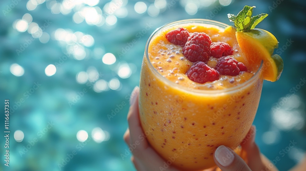 Aufkleber a person holds a vibrant smoothie filled with raspberries and orange slices, showcasing refreshing c
