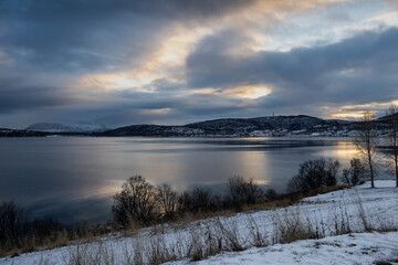 Sunset at the snow covered landscape, Harstad, Norway