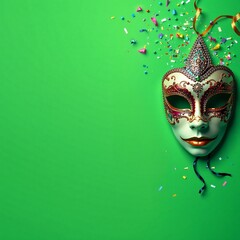 a carnival mask on a green background with colorful ribbons and space for text