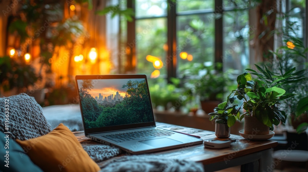 Fototapete a laptop sits on a wooden table surrounded by lush plants in a cozy room. the large windows allow so