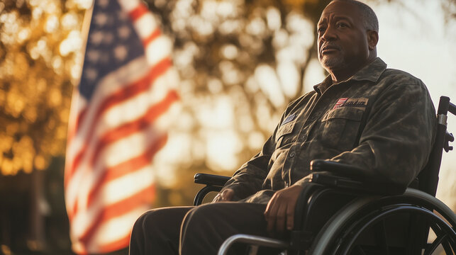 African American male veteran seated in a wheelchair with the American flag in the background during sunset. Memorial Day, Veterans Day theme