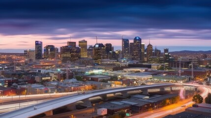 Fototapeta premium Panoramic cityscape at dawn, with a modern skyline, illuminated buildings, and busy highway traffic.