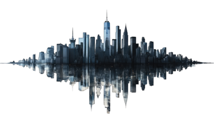 A stylized city skyline reflected on water, showcasing urban architecture and modernity.