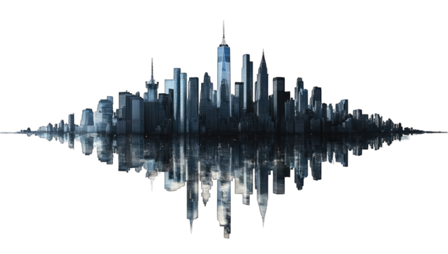 A stylized city skyline reflected on water, showcasing urban architecture and modernity.