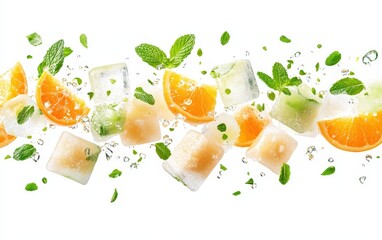 Flying ice cubes with mint leaves and citrus slices, refreshing composition, bright and dynamic, isolated on white background