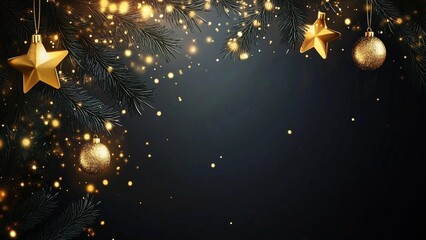 Obraz premium golden Christmas background, Christmas background design with yellow glowing stars and gold glitter or confetti. Dark backdrop with space for text. banner template