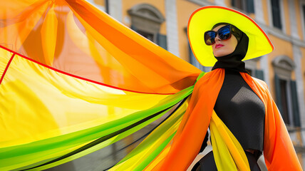 Stylish italian model showcasing a vibrant and flowing outfit with a large hat and sunglasses, creating a bold fashion statement in a city backdrop