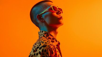 Stylish man wearing modern sunglasses and patterned shirt posing against vibrant orange backdrop in fashion shoot