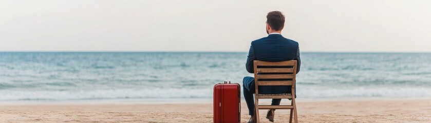 Fototapeta premium A man sits alone on the beach with a suitcase, gazing at the ocean, reflecting on life and adventures yet to come.