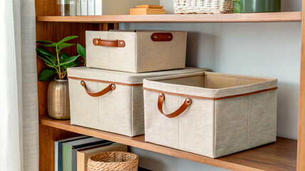 Three beige storage boxes made of textile with leather handles on a wooden shelf, surrounded by decorative elements.