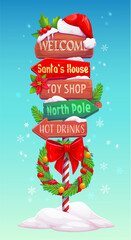 Christmas wooden sign board, xmas north pole signage. Festive wood signpost adorned with holiday decorations like Santa hat, wreath, red bow and snow, directing to Santa house, toy shop and hot drinks