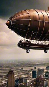 vertical 9:16 steampunk aviator piloting a dirigible through cloudy skies. Victorian-style cityscape below