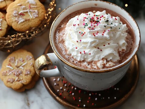 Hot cocoa with whipped cream and sprinkles, served with warm holiday cookies - Powered by Adobe