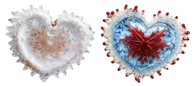 Two elegant heart-shaped designs featuring intricate snowflake patterns, one in soft beige and the other in vivid red and blue. A frosty and artistic winter-inspired decoration.