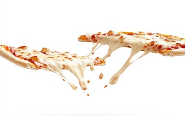 Flying pizzas with melted cheese stretching between slices, dynamic and inviting, isolated on white background