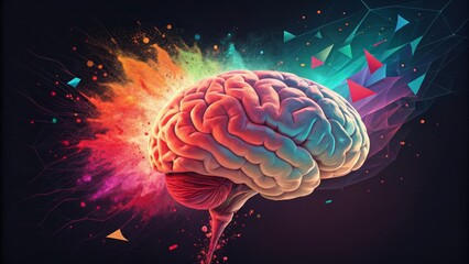 Obraz premium Brain Burst Abstract Colorful Brain with Geometric Elements and Exploding Paint Splatter