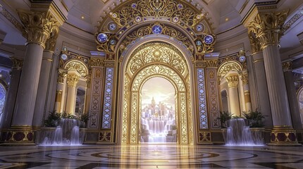 Obraz premium Grand Palace Entrance: A Majestic Architectural Wonder with Water Features and Golden Accents