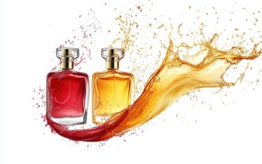 Flying perfume bottles with liquid splashes luxurious and elegant isolated on white background